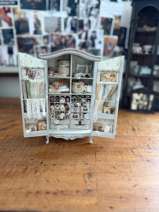 1:12 Dollhouse Filled Haberdashery Sewing Antique Cabinet Brocante